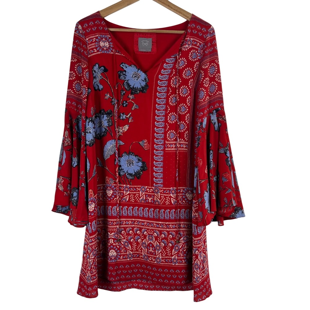 Vanessa Virginia Anthropologie Red Silk Floral Paisley Bell Sleeve Mini Dress 2‎